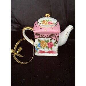 Victoria’s Garden porcelain mini teapot handpainted ornament, gold accents 3” T